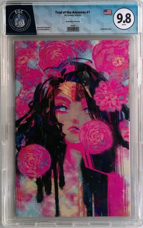 Ultra-Rare 1:100 Trial of the Amazons #1 Rose Besch Fluorescent Ink Variant – EGC 9.8!