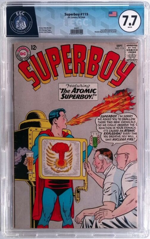 Silver Age Superboy #115 (1964) DC Comics – EGC Graded 7.7 High Grade – Curt Swan Cover – “Atomic Superboy” Classic!