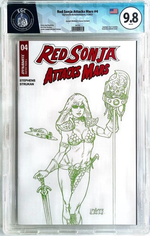 Red Sonja Attacks Mars #4 Cover K (1:7 Linsner Green Line Variant) EGC 9.8 Blue Label – Ultra Rare High Grade Dynamite 2025