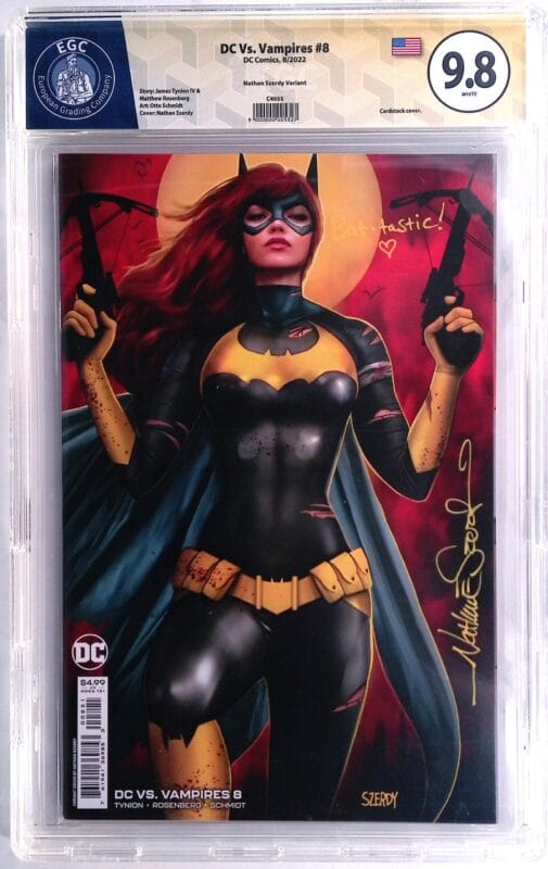 DC vs. Vampires #8 Cover B Nathan Szerdy Variant CGC-Style 9.8 EGC Yellow Label – Signed & Remarked “Bat.tastic!” – Minimal Trade Dress