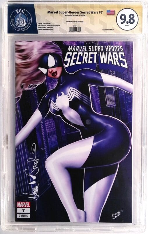 Marvel Super Heroes Secret Wars #7 - Facsimile Edition (2024) – Nathan Szerdy Retailer Exclusive Trade Variant – Signed by Nathan Szerdy – EGC Yellow Label 9.8 NM/M – Limited to 3,000 Copies